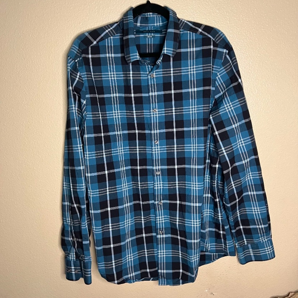 Perry Ellis Button Up Shirt Mens Blue Regular Fit Plaid White Navy XL